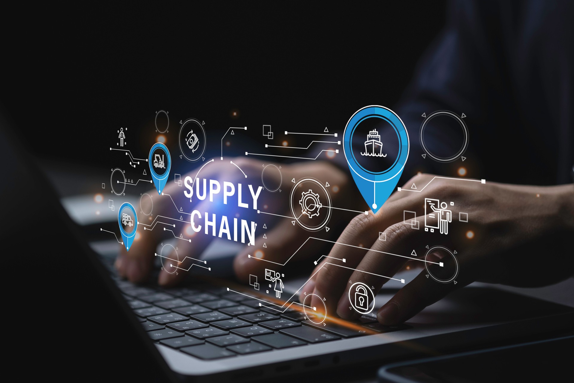 Empresário analisando o crescimento do negócio de distribuição de rede logística global. Automação e logística inovadoras para o comércio do futuro, gerenciamento eficiente de armazéns e soluções de entrega, para cadeias de suprimentos